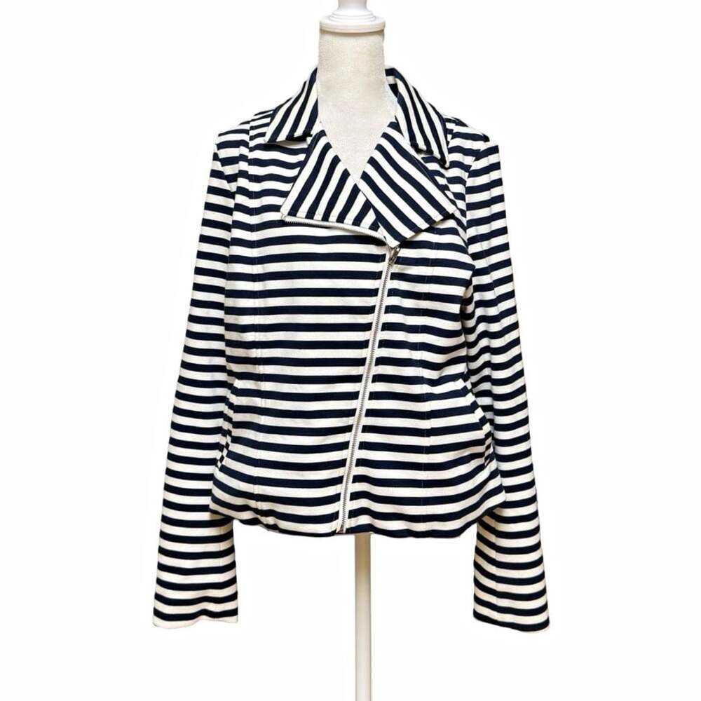 Lane Bryant Black White Striped Moto Jacket Size 14 Zip Front Collared Pockets